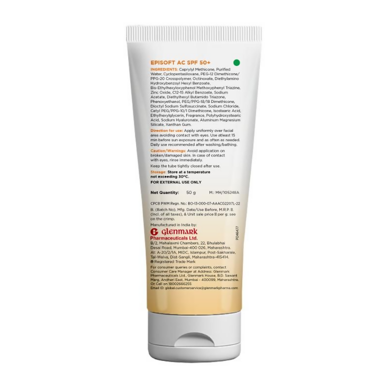 Episoft AC SPF 50+ hydrating sunscreen with matte finish and oil-free formula, shown in a sleek tube.