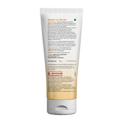 Episoft AC SPF 50+ hydrating sunscreen with matte finish and oil-free formula, shown in a sleek tube.