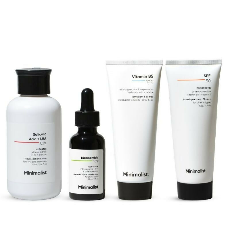 Minimalist Daily Skincare Sunscreen for oily, acne-prone skin, showing the bottle with SPF protection and minimal design.