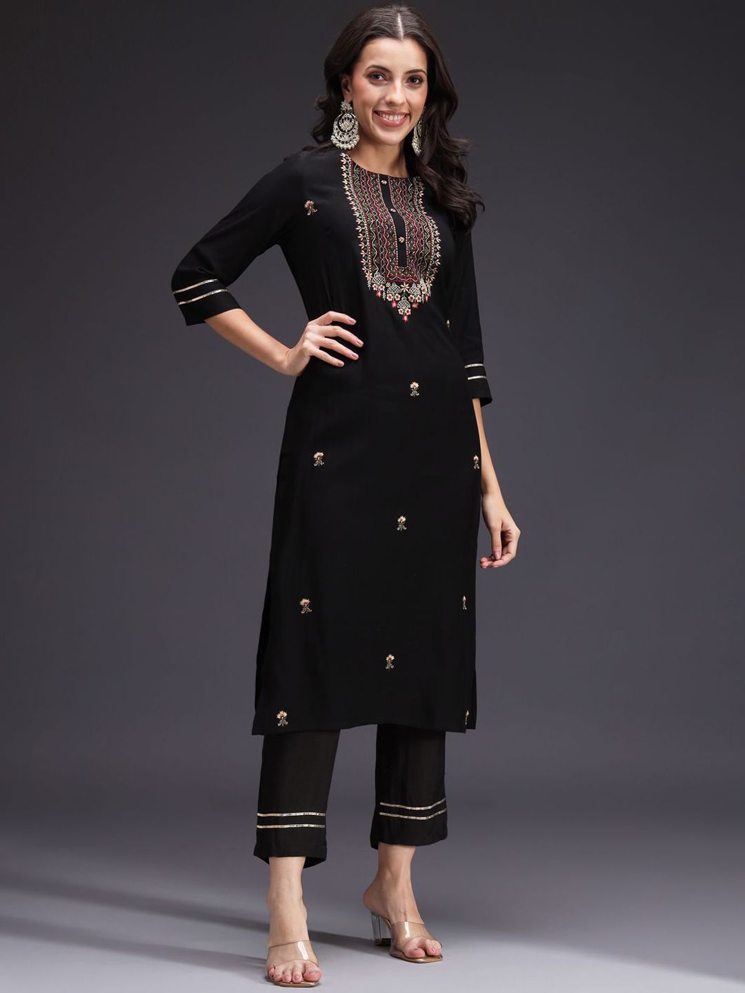 Indyancart SN Women's Floral Embroidered Kurta with Trousers & Dupatta