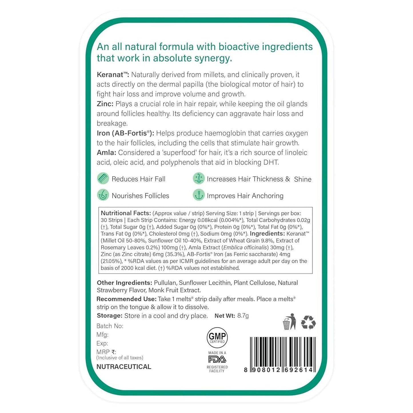 Wellbeing Nutrition Melts healthy hair and hair fall control strips, oral care supplement, in a blister pack.