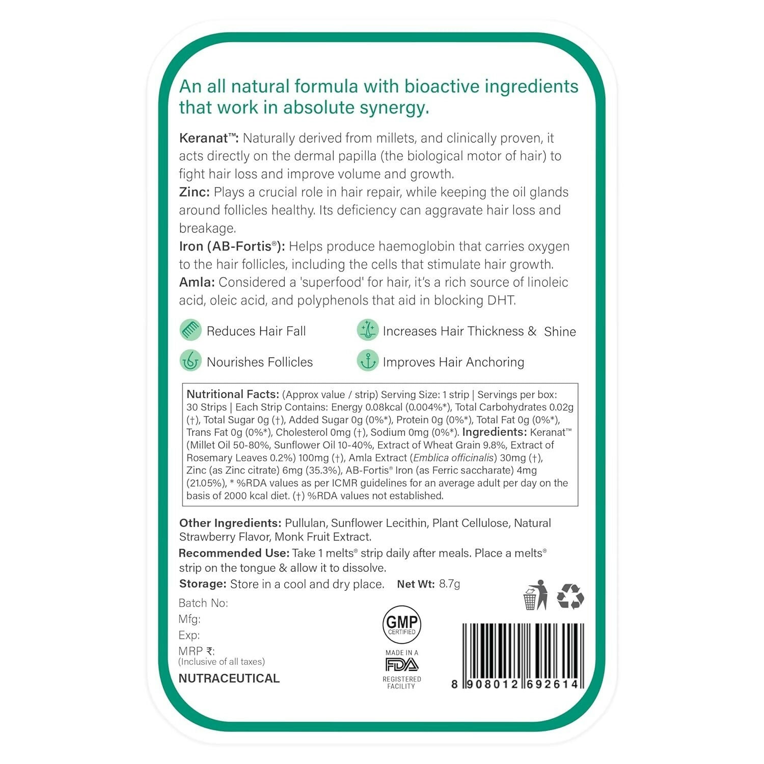 Wellbeing Nutrition Melts healthy hair and hair fall control strips, oral care supplement, in a blister pack.