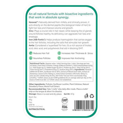 Wellbeing Nutrition Melts healthy hair and hair fall control strips, oral care supplement, in a blister pack.