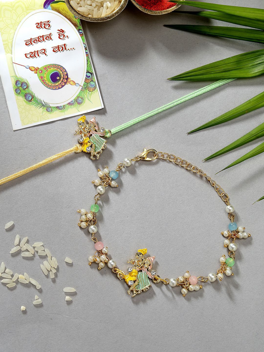 Anouk Unisex Set Of 2 Multicolor Gold-Toned Radha Krishna Beaded Bhaiya Bhabhi Rakhi