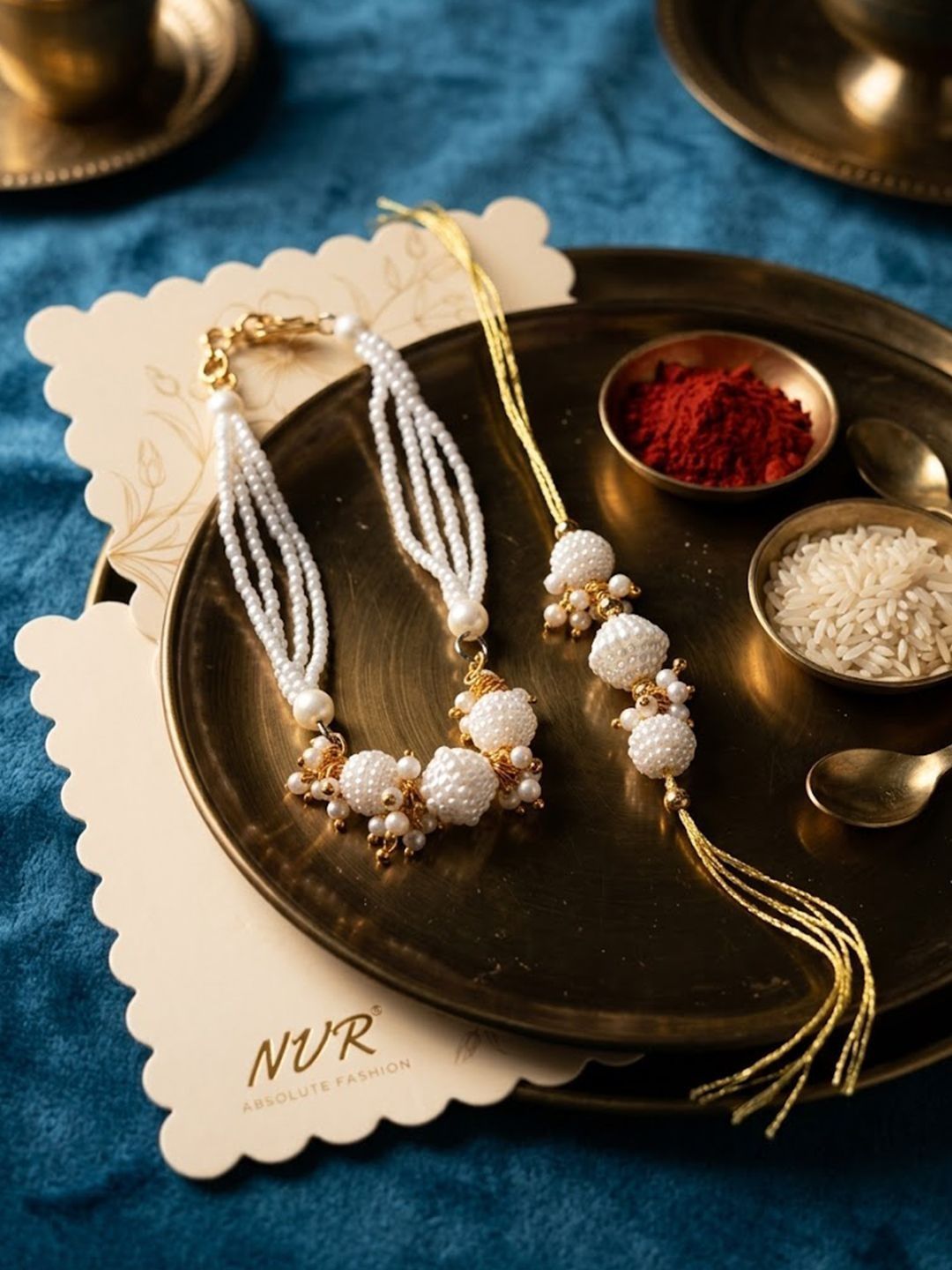 Anouk Set Of 2 Gold Toned & White Pearls Bhaiya Bhabhi Rakhi