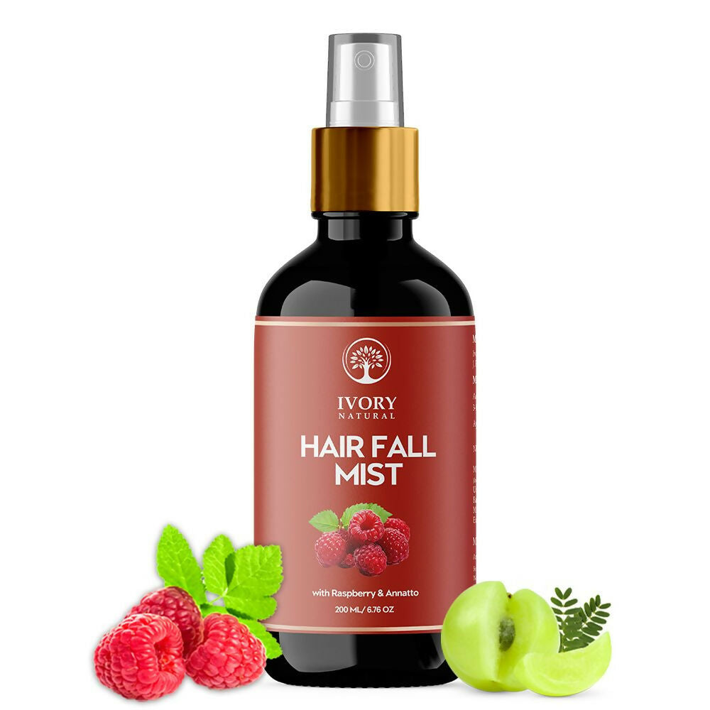 Ivory Natural Hair Mist spray for long hair, showing a clear bottle with mist, designed to promote growth, strengthen follicles, and restore shine.