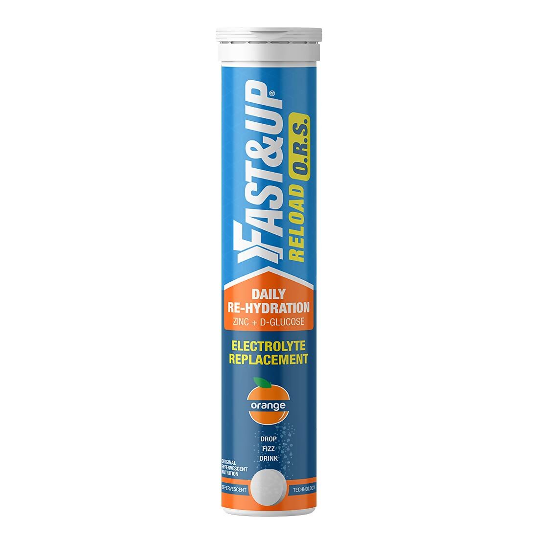 Fast&Up Reload O.R.S effervescent electrolyte tablets in orange flavor, Ayurvedic tablets for hydration and replenishment.