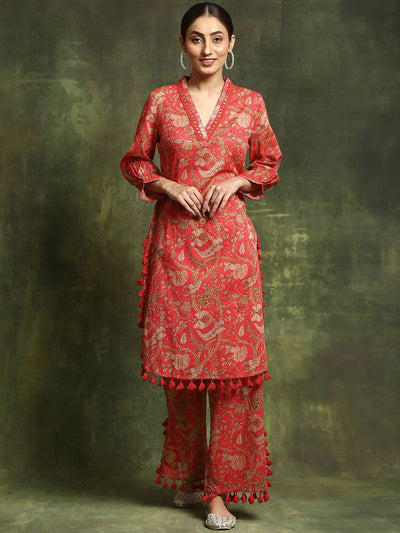 Indyancart SN Women's Printed Tasseled Kurta & Palazzo