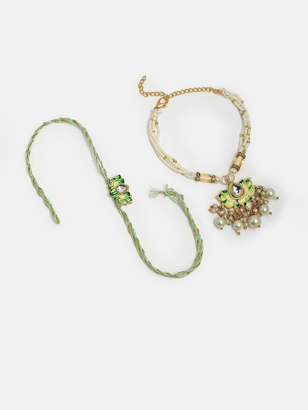 Anouk Unisex Set Of 2 Green Lotus Shape Kundan-Studded & Beaded Wraparound Rakhi Set