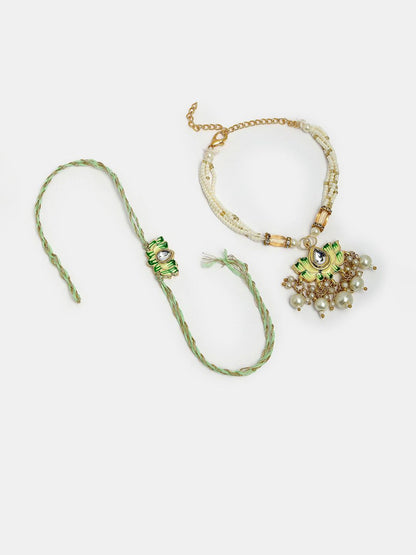 Anouk Unisex Set Of 2 Green Lotus Shape Kundan-Studded & Beaded Wraparound Rakhi Set
