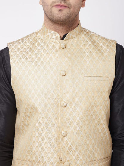 Men's Black Silk Blend Straight Jacket  Kurta and Dhoti Set