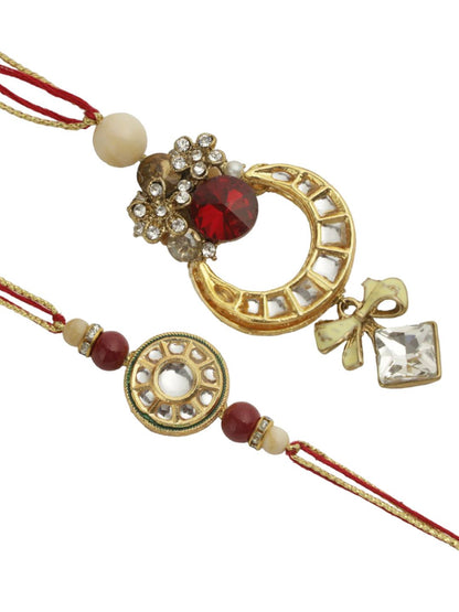 Anouk Red Stone Studded & Beaded Bhaiya Bhabhi Thread Rakhis With Roli Chawal