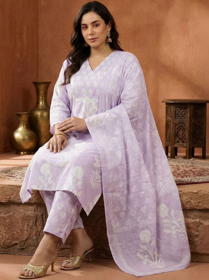 Indyancart Women's Floral Printed Regular Pure Cotton Kurta with Trousers & With Dupatta