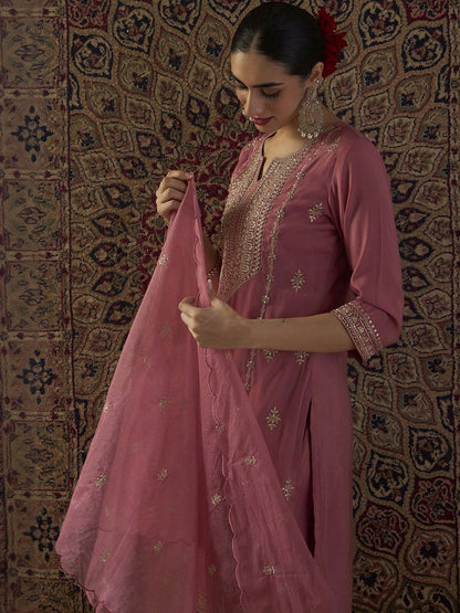 Indyancart IE Ethnic Motifs Embroidered Notch Neck Zari Kurta With Palazzos & Dupatta