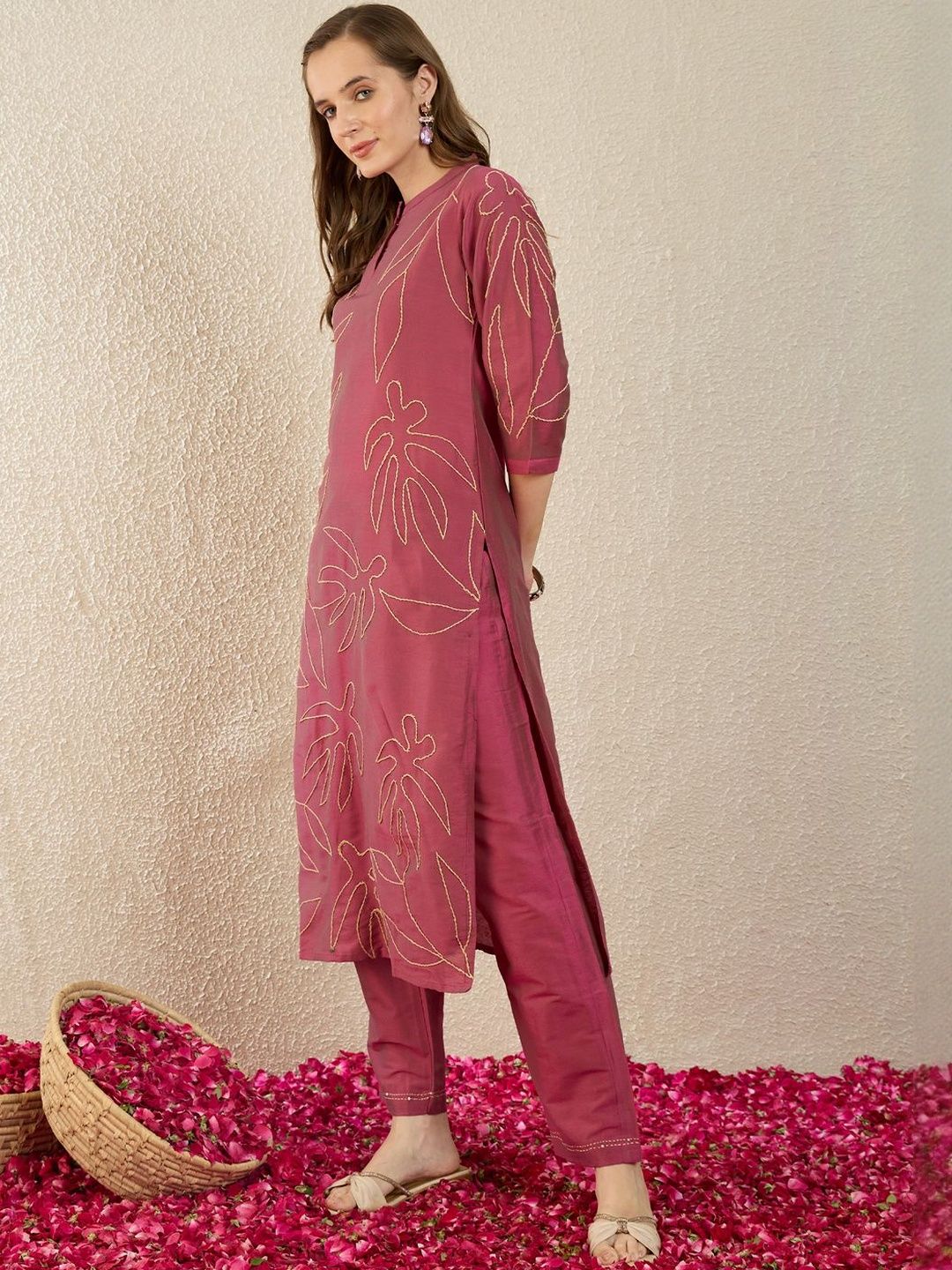 Indyancart IE Printed Mandarin Collar Three-Quarter Sleeves Pure Cotton Top With Trousers