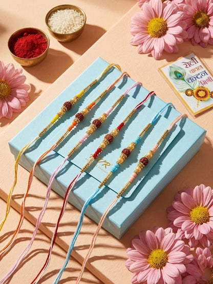 Anouk Set Of 6 Rudraksh & Artificial Beads Thread Rakhi With Roli Chawal Chandan Mishri