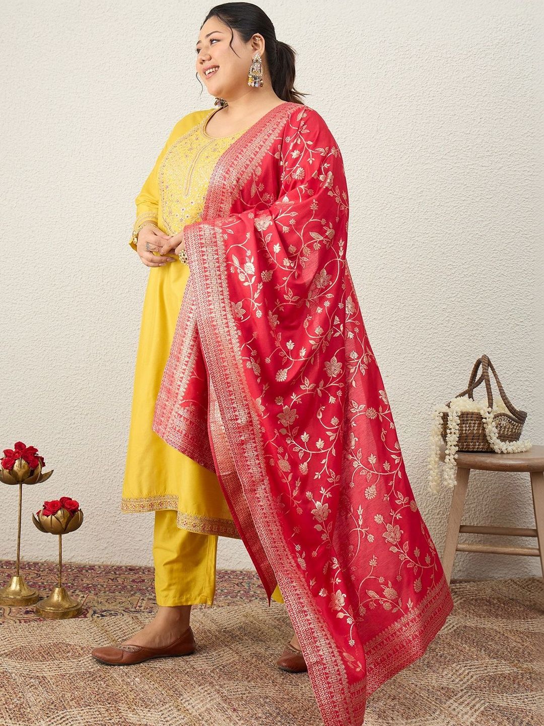 Indyancart Women's Ethnic Motifs Embroidered Regular Kurta with Trousers & With Dupatta