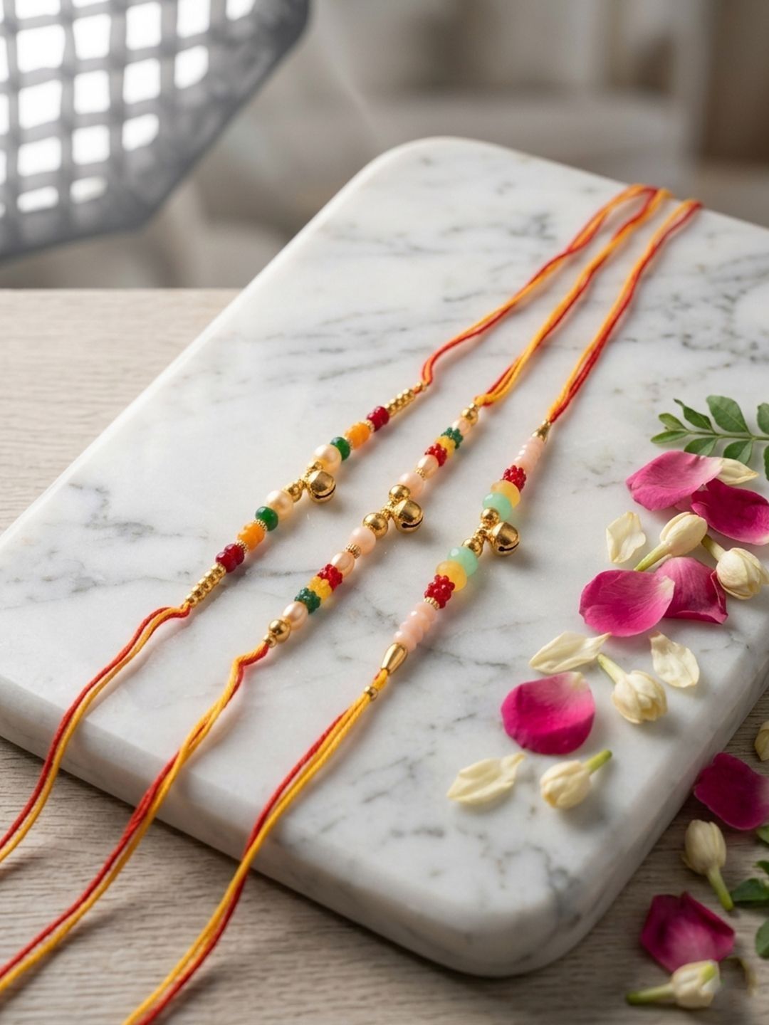 Anouk Set Of 3 Artificial Beads Orange Thread Rakhi With Roli Chawal Chandan Mishri