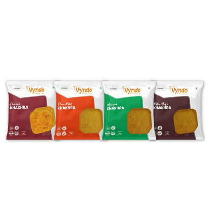 Vyndo gluten-free Khakhra combo featuring crispy North Indian snacks in a variety of flavors on a white background.