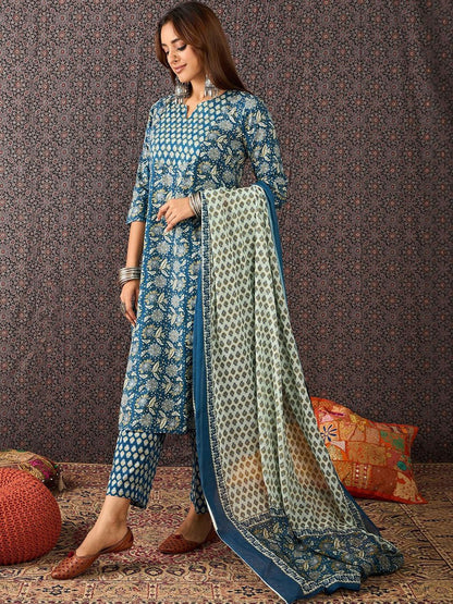 Women Ethnic Motifs Printed Regular Pure Cotton Kurta with Trousers & With Dupatta