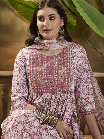 Indyancart SN Women's Floral Printed Round Neck Kurta Trouser With Dupatta.