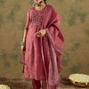 Indyancart IE Floral Printed Thread Work Chanderi Silk Straight Kurta with Trouser & Dupatta