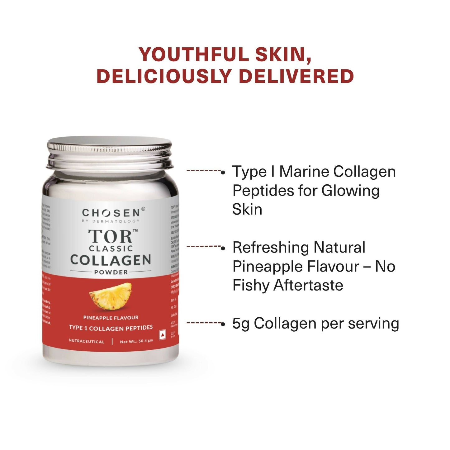 Chosen Tor Classic Marine Collagen Powder for skin, hair, and joint health, shown in a clear container with a scoop.