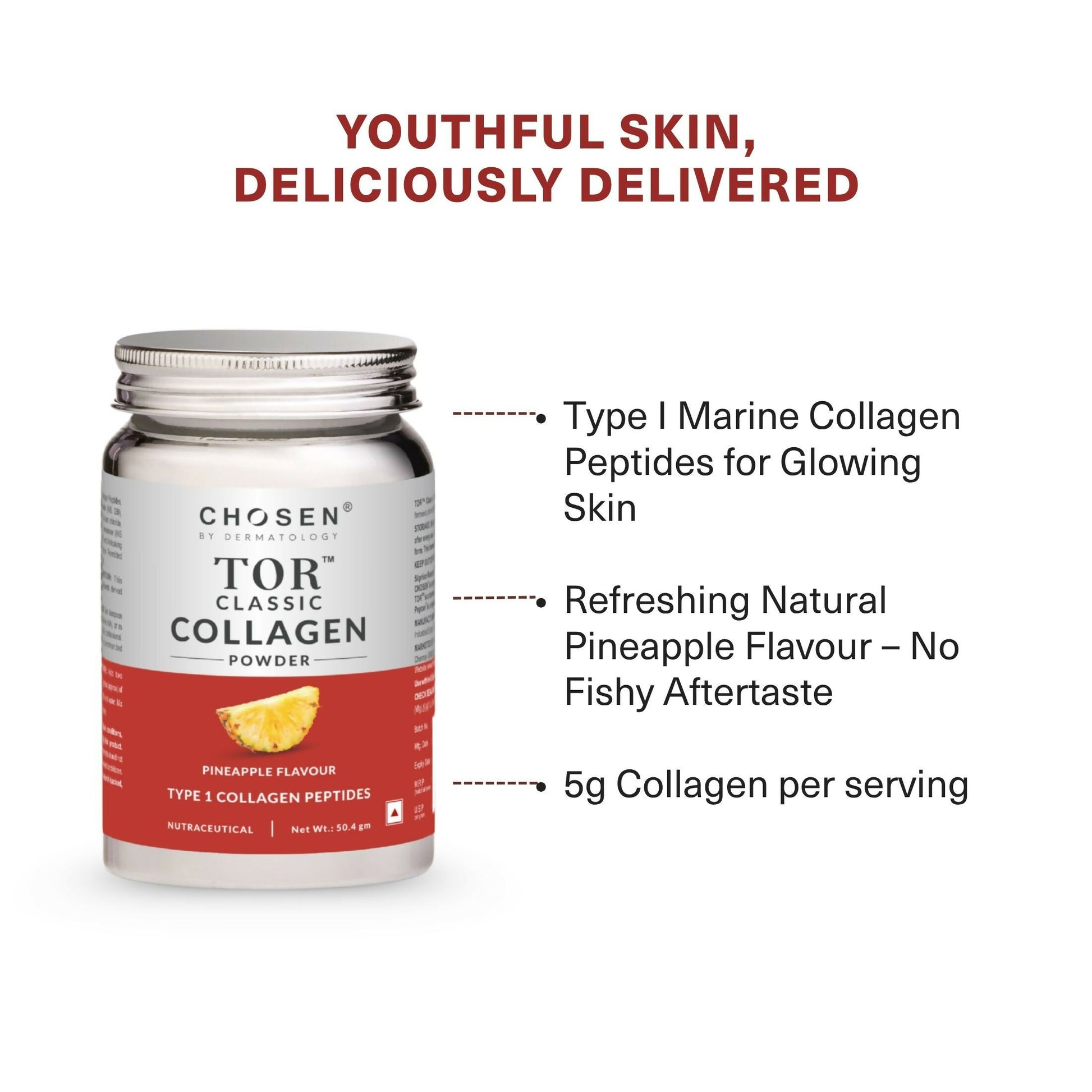 Chosen Tor Classic Marine Collagen Powder for skin, hair, and joint health, shown in a clear container with a scoop.