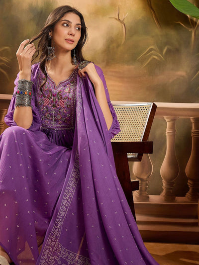Indyancart SN Women's Thread Embroidered Pure Cotton Anarkali Kurta With Trousers & Dupatta
