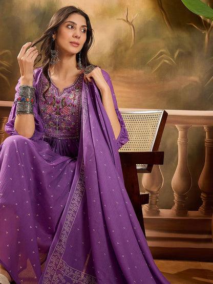 Dhiyona SN Women's Thread Embroidered Pure Cotton Anarkali Kurta With Trousers & Dupatta