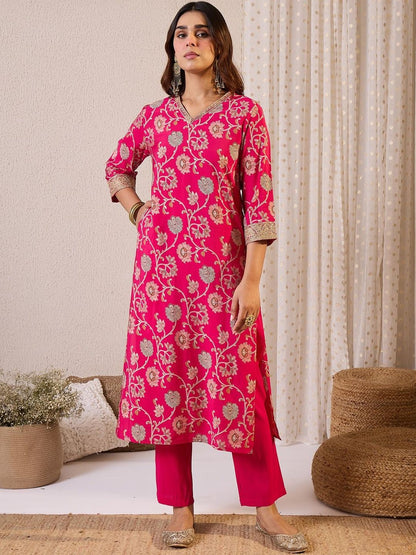Floral Printed Notch Neck Chanderi Silk Straight Kurta & Trousers With Dupatta