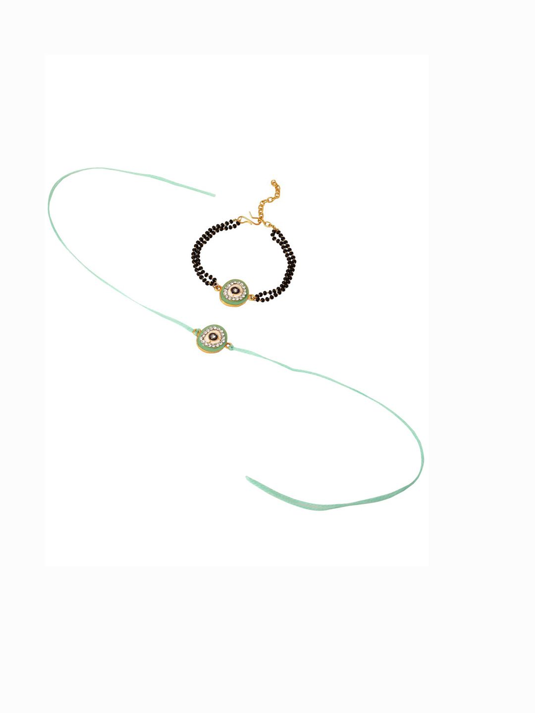 Anouk Set Of 2 Green Round Shape Artificial Stones Bhaiya Bhabhi Rakhi With Roli Chawal