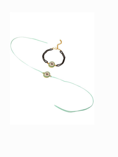Indyancart Set Of 2 Green Round Shape Artificial Stones Bhaiya Bhabhi Rakhi With Roli Chawal
