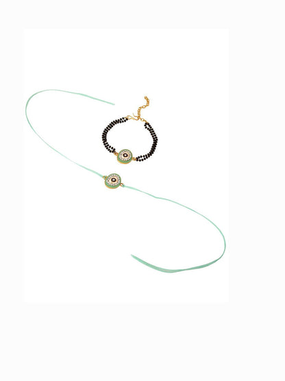 Anouk Set Of 2 Green Round Shape Artificial Stones Bhaiya Bhabhi Rakhi With Roli Chawal