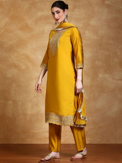 Indyancart VA Women Ethnic Motifs Embroidered Regular Thread Work Kurta with Palazzos & With Dupatta