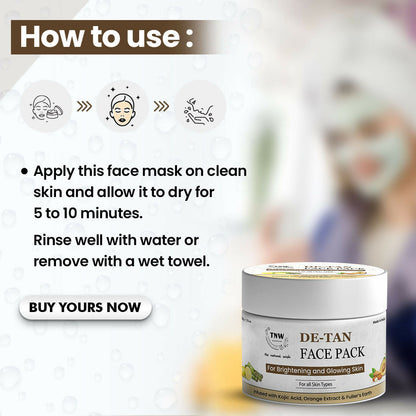 Natural Wash De-Tan Face Pack for glowing skin, featuring a creamy mask with herbal ingredients for brightening and detoxifying skin.