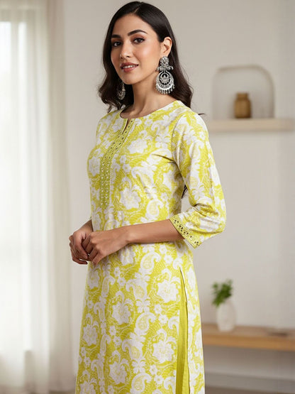 Floral Printed Round Neck Thread Work Pure Cotton Straight Kurta With Trouser