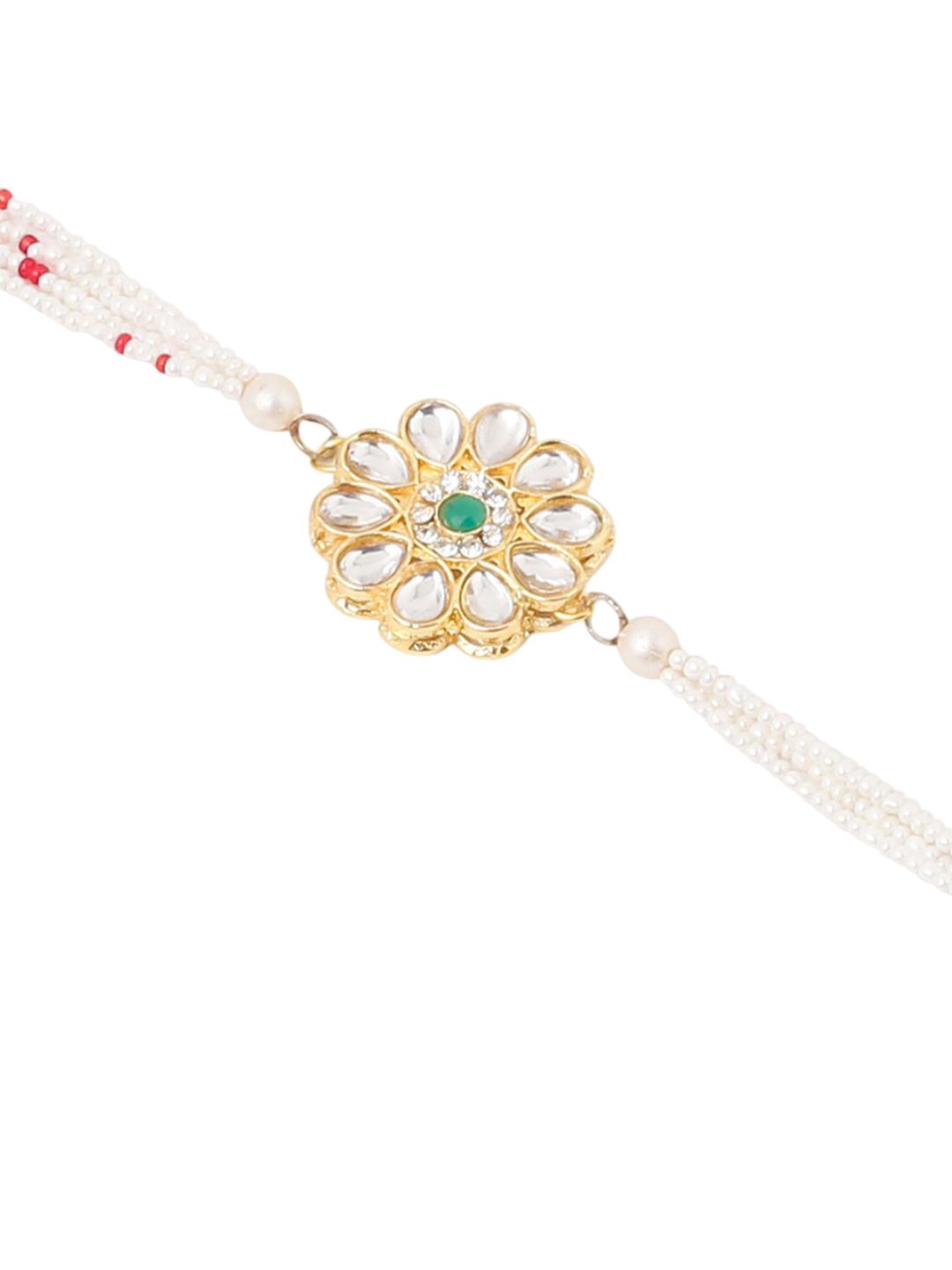Anouk Set Of 2 Kundan Floral Design Gold Toned Bhaiya Bhabhi Rakhi Set With Roli Chawal