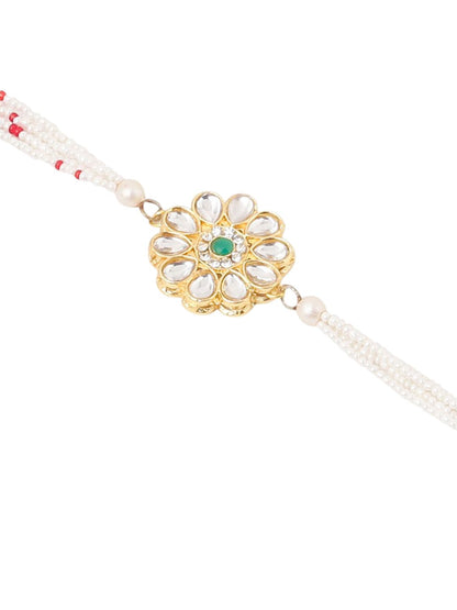 Anouk Set Of 2 Kundan Floral Design Gold Toned Bhaiya Bhabhi Rakhi Set With Roli Chawal