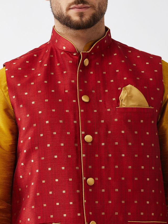 Men's Mustard Silk Blend Straight Jacket  Kurta and Dhoti Set