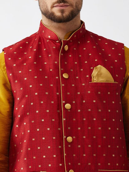 Men's Mustard Silk Blend Straight Jacket  Kurta and Dhoti Set