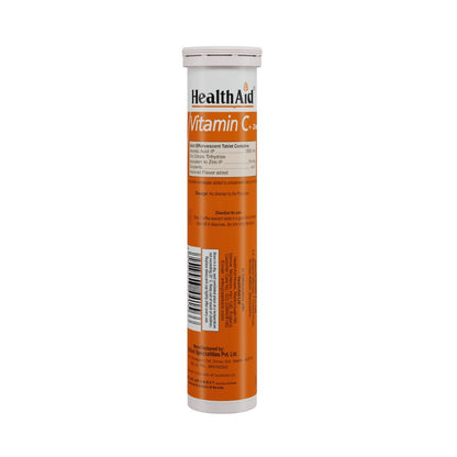 HealthAid Vitamin C 1000mg orange flavor effervescent tablets with zinc, showing the colorful tablets in a glass of water.