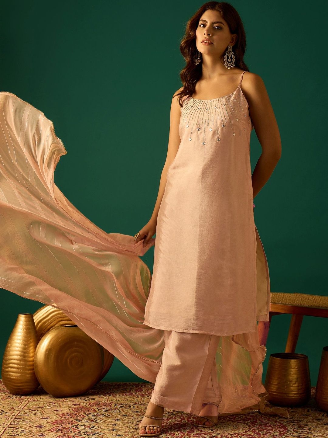 Indyancart VA Women Embroidered Regular Beads and Stones Kurta with Palazzos & Dupatta