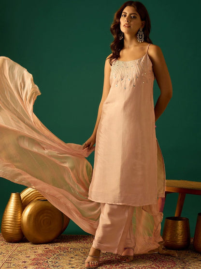 Indyancart VA Women Embroidered Regular Beads and Stones Kurta with Palazzos & Dupatta