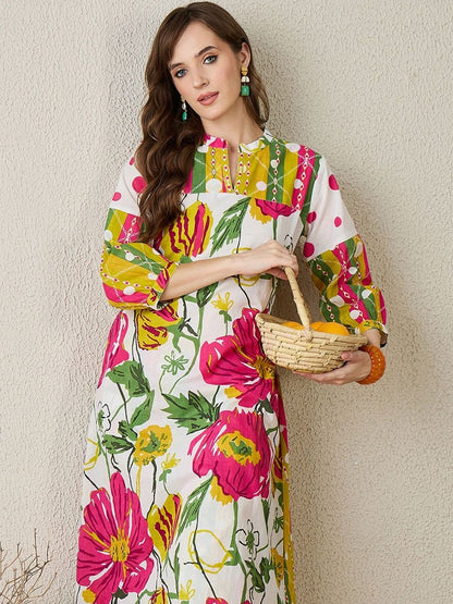 Floral Printed Mandarin Collar Pure Cotton Kurta with Trousers
