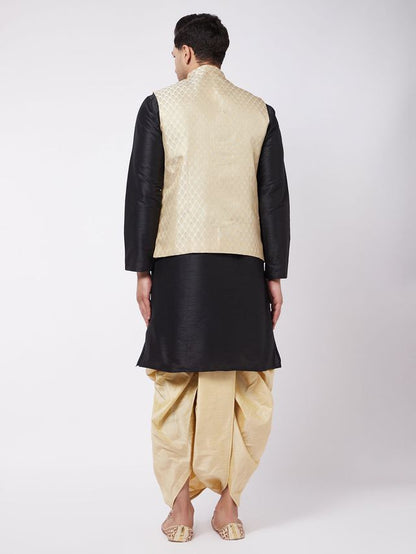 Men's Black Silk Blend Straight Jacket  Kurta and Dhoti Set