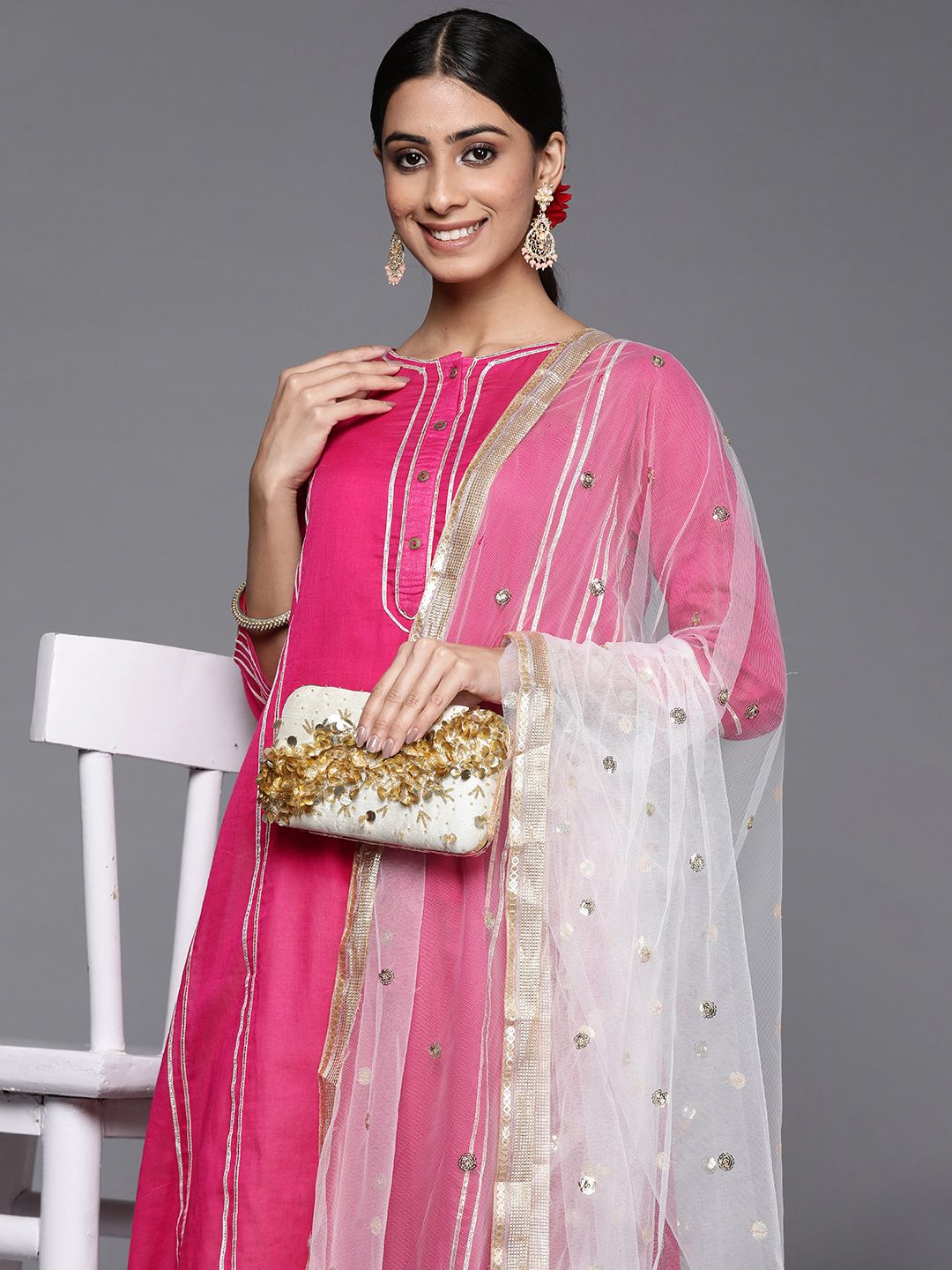 Indyancart VA Women's Pink Yoke Design Pleated Gotta Patti Cotton Kurta with Palazzos & Dupatta