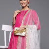 Indyancart VA Women's Pink Yoke Design Pleated Gotta Patti Cotton Kurta with Palazzos & Dupatta