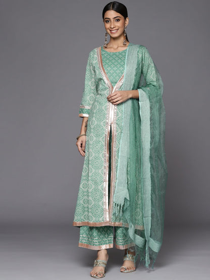Indyancart VA Women's Teal Bandhani Printed High Slit Gotta Patti Pure Cotton Kurta with Palazzos & With Dupatta
