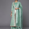 Indyancart VA Women's Teal Bandhani Printed High Slit Gotta Patti Pure Cotton Kurta with Palazzos & With Dupatta